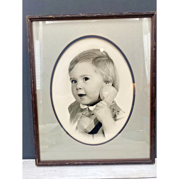 Antique Baby Telephone Photo | 1920s Black White Framed Photography Nursery Art - Picture 1 of 12